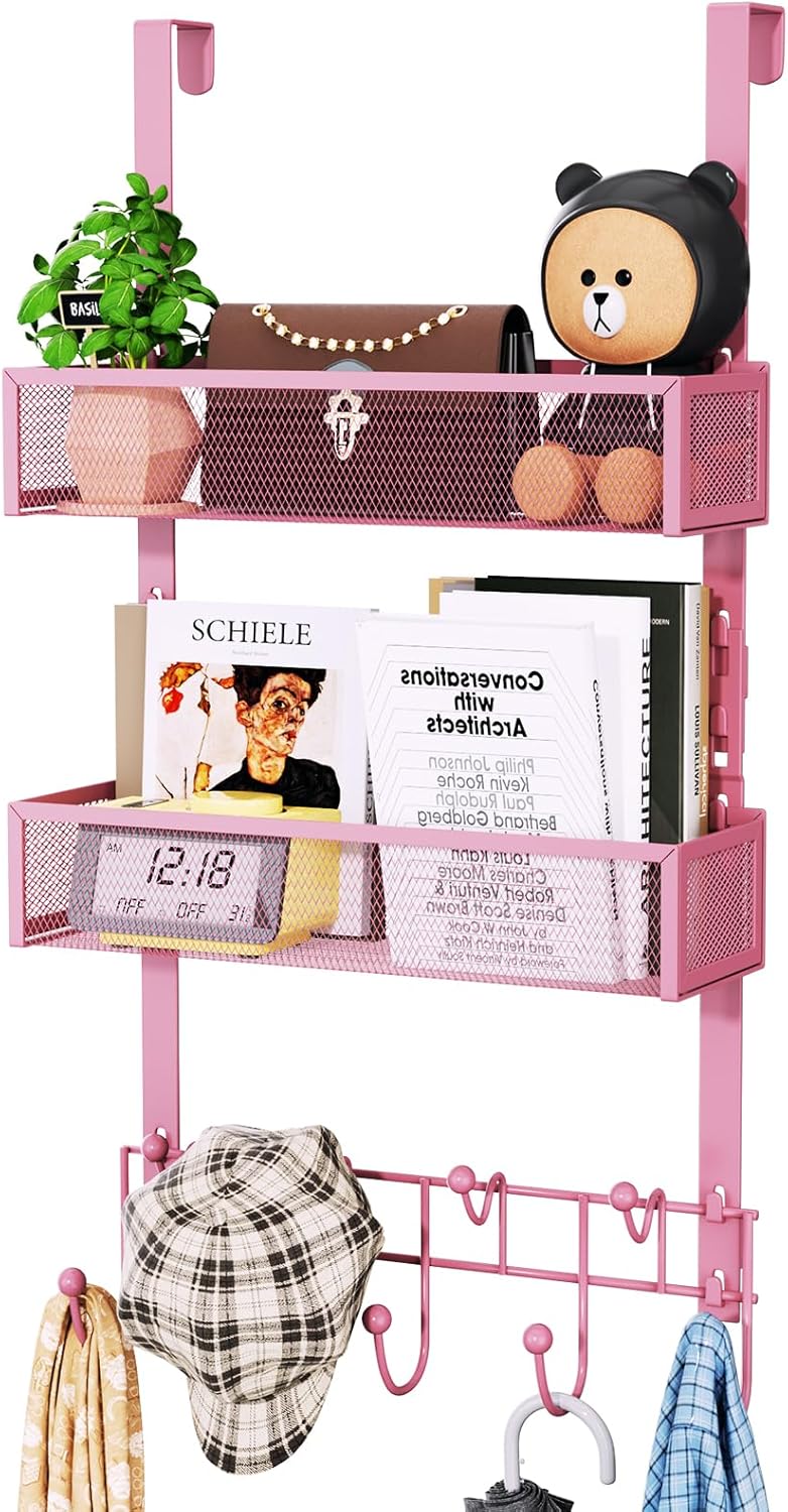 HapiRm Over The Door Hanger with Coat Hooks and 2 Baskets, Rustproof & Waterproof Pink Over The Door Hooks, Storage Organizer for Hats, Bathroom, Kitchen, Bedroom - Pink - Image 1